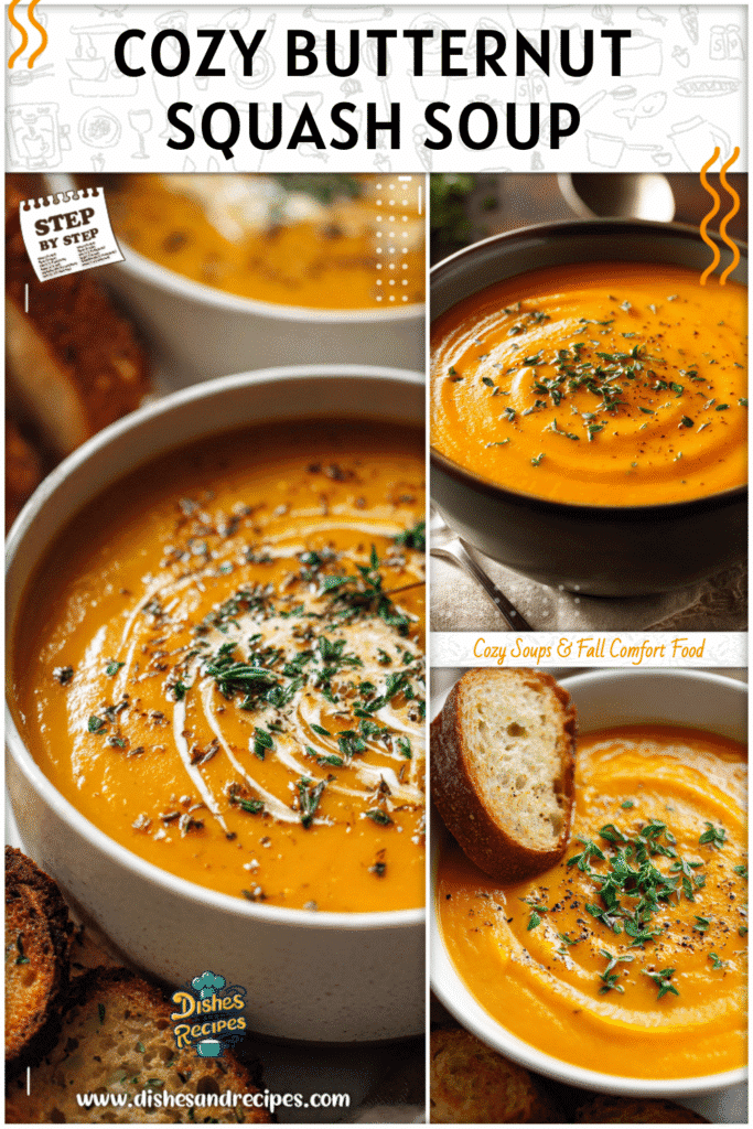 A warm bowl of easy butternut squash soup garnished with herbs and perfect for cozy soups in fall.