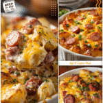 Easy Casserole Recipes: Cheesy Potatoes & Smoked Sausage 5 Casserole dish filled with cheesy ranch potatoes and smoked sausage topped with golden melted cheese.