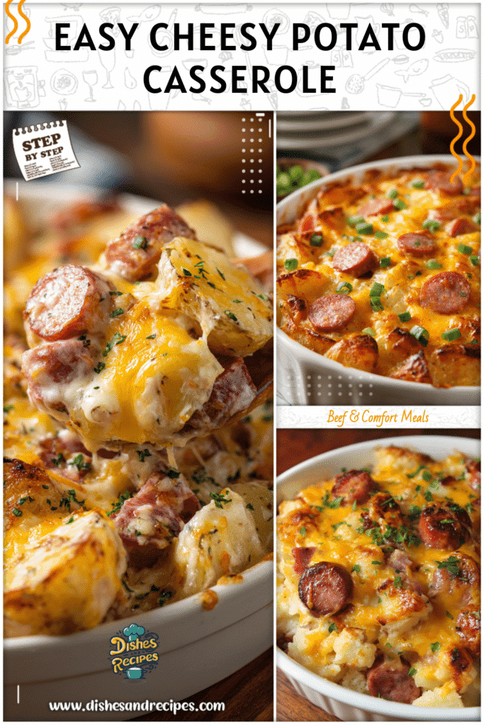 Home 29 Casserole dish filled with cheesy ranch potatoes and smoked sausage topped with golden melted cheese.
