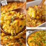 Homestyle corn and squash casserole topped with a golden crust and served in a white baking dish