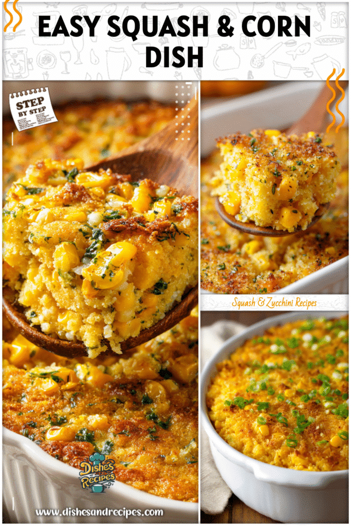 Home 29 Homestyle corn and squash casserole topped with a golden crust and served in a white baking dish