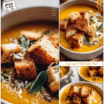 Easy Fall Squash Soup Recipe with Homemade Croutons 5 Warm autumn soup of roasted squash in a bowl with homemade croutons and seeds for garnish.