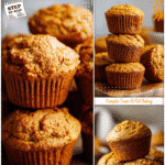 Freshly baked flourless pumpkin muffins stacked on a rustic wooden board