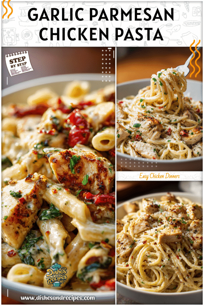 Bowl of creamy garlic parmesan high protein chicken pasta served for a healthy pasta dinner