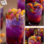 Easy Halloween Cocktail Recipes: Drunk Witch Edition 5 A festive purple cocktail topped with gummy worms and Halloween candy sprinkles served in a tall glass.