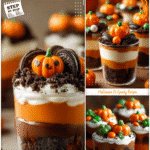 Halloween dirt cups layered with pudding, cookie crumb dirt, and candy pumpkins for kids’ trick or treat food.