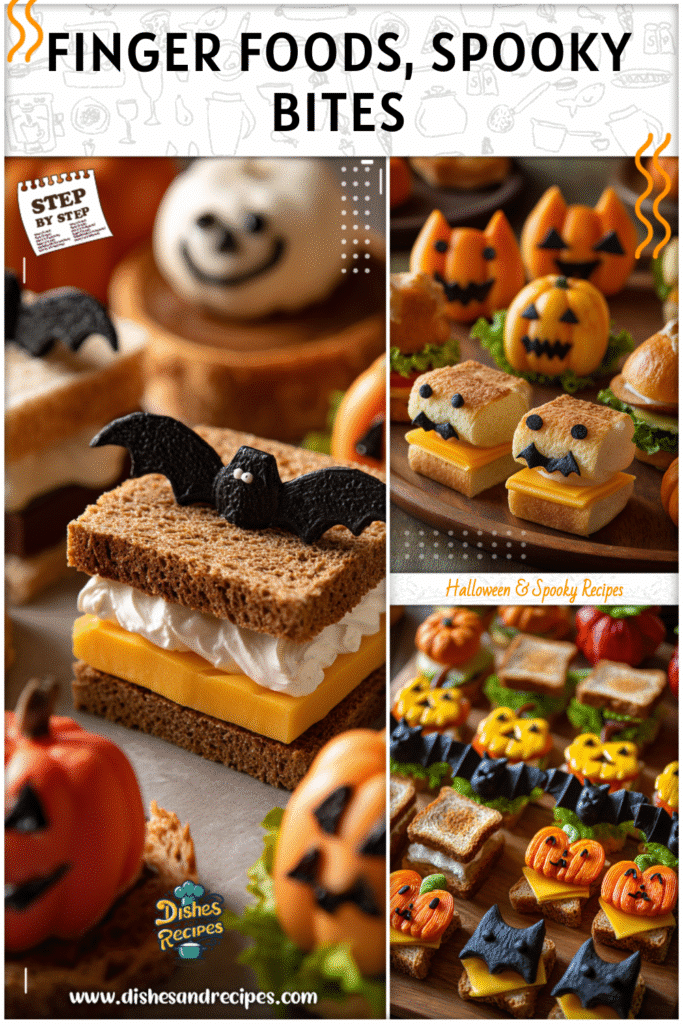 Home 13 Halloween shaped food styled as finger foods with bat sandwiches and pumpkin cheese bites.