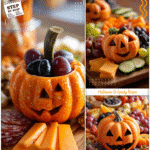 Easy Halloween Food Appetizers & Snack Boards 5 A Jackolantern Charcuterie board shaped like a pumpkin with vibrant fall appetizers.