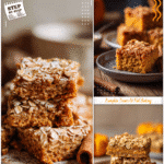 Easy Pumpkin Bars Recipe Healthy & Perfect for Breakfast 5 Sliced healthy pumpkin bars with oats on top served on a rustic plate with cinnamon sticks nearby.