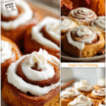 Easy Pumpkin Spice Cinnamon Roll Recipe for Fall 5 Pumpkin Spice Cinnamon Rolls spiraled and frosted with cream cheese icing on a fall-themed platter.