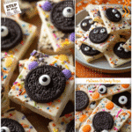 Easy White Chocolate Halloween Oreo Bark Recipe 5 A tray of white chocolate bark with Oreos, candy eyes, and sprinkles as Easy Homemade Halloween Treats.