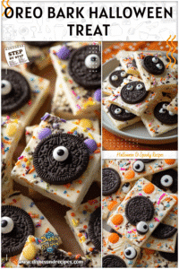 Home 4 A tray of white chocolate bark with Oreos, candy eyes, and sprinkles as Easy Homemade Halloween Treats.