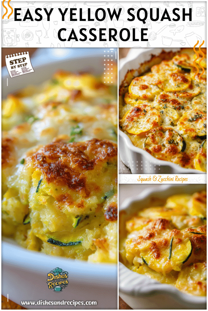 Home 33 Golden baked yellow squash casserole with melted cheese topping in a white dish