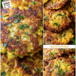 Easy Yellow Squash Fritters Recipe With Parmesan 5 Close-up of crispy yellow squash fritters topped with fresh herbs.
