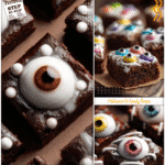 Fudge brownies topped with candy eyeballs and white icing as creepy Halloween Treats Brownies.