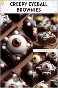 Home 6 Fudge brownies topped with candy eyeballs and white icing as creepy Halloween Treats Brownies.