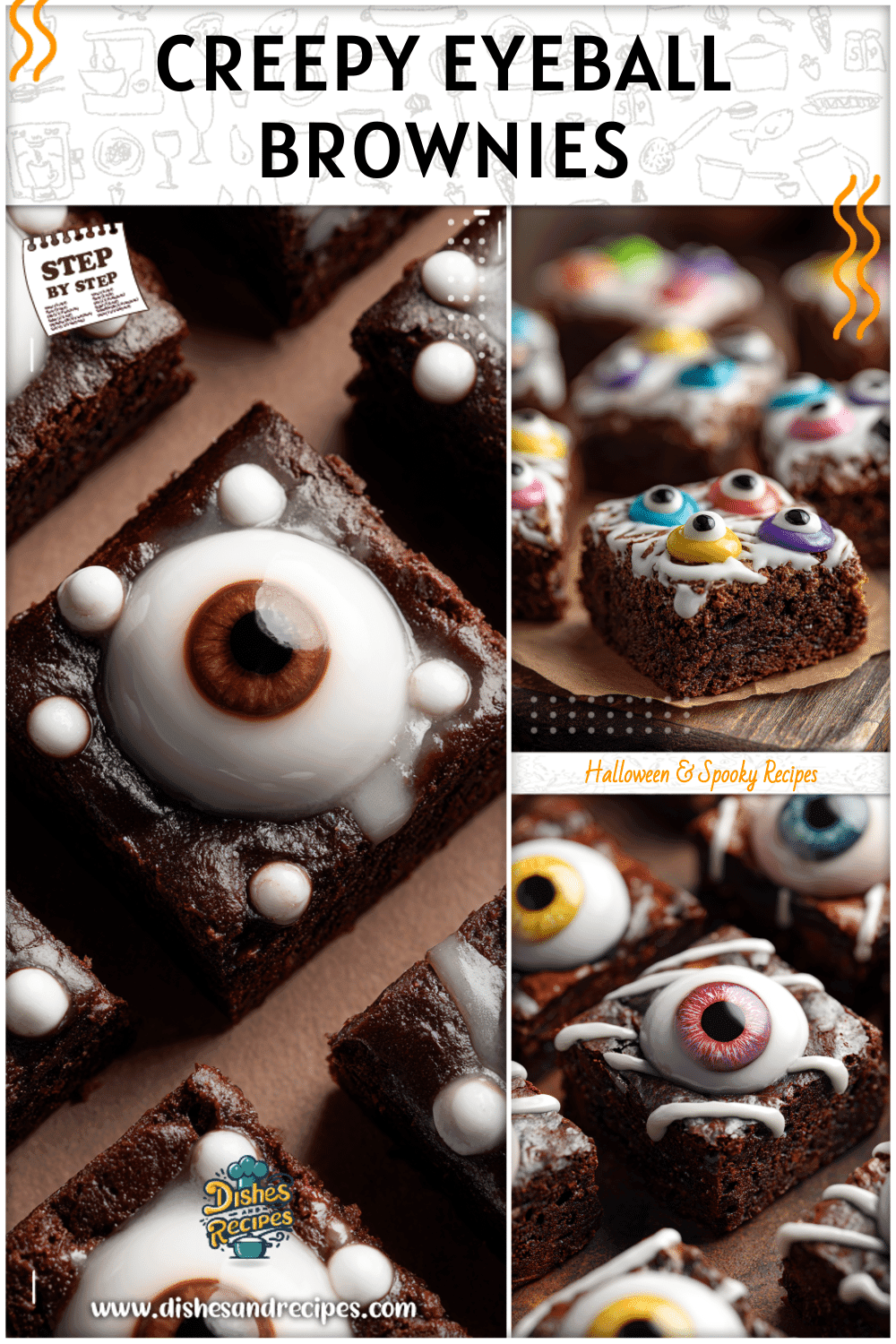 Fudge brownies topped with candy eyeballs and white icing as creepy Halloween Treats Brownies.