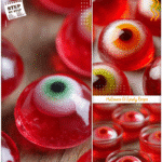 Eyeball Jello Shots Recipe for Creepy Halloween Parties 5 Eyeball jello shots with candy iris floating in red gelatin for Halloween party food