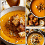 Fall Favorite Roasted Butternut Squash Soup Recipe 5 Fall-inspired roasted butternut squash soup with a side of roasted pear slices and croutons.