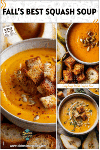 Fall-inspired roasted butternut squash soup with a side of roasted pear slices and croutons.