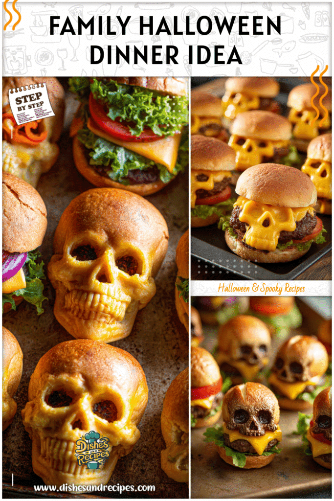 Cheeseburger skulls served on a tray as Halloween dinners for family gatherings