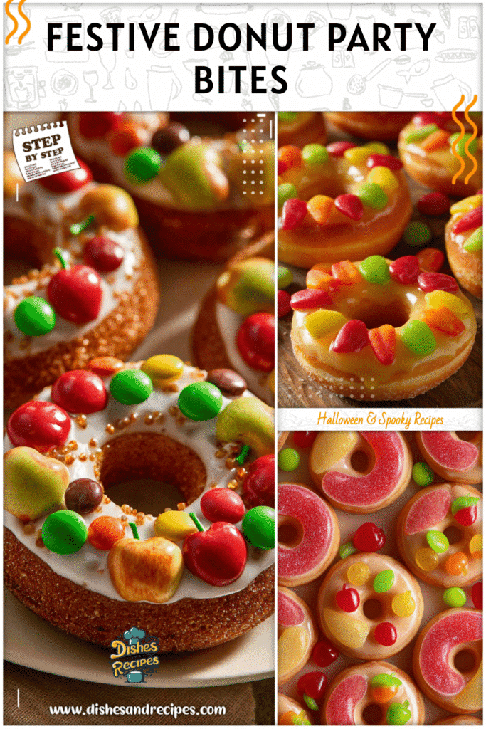 Home 35 Donuts styled with bright candy toppings shaped like apples for party appetizers and fall snacks
