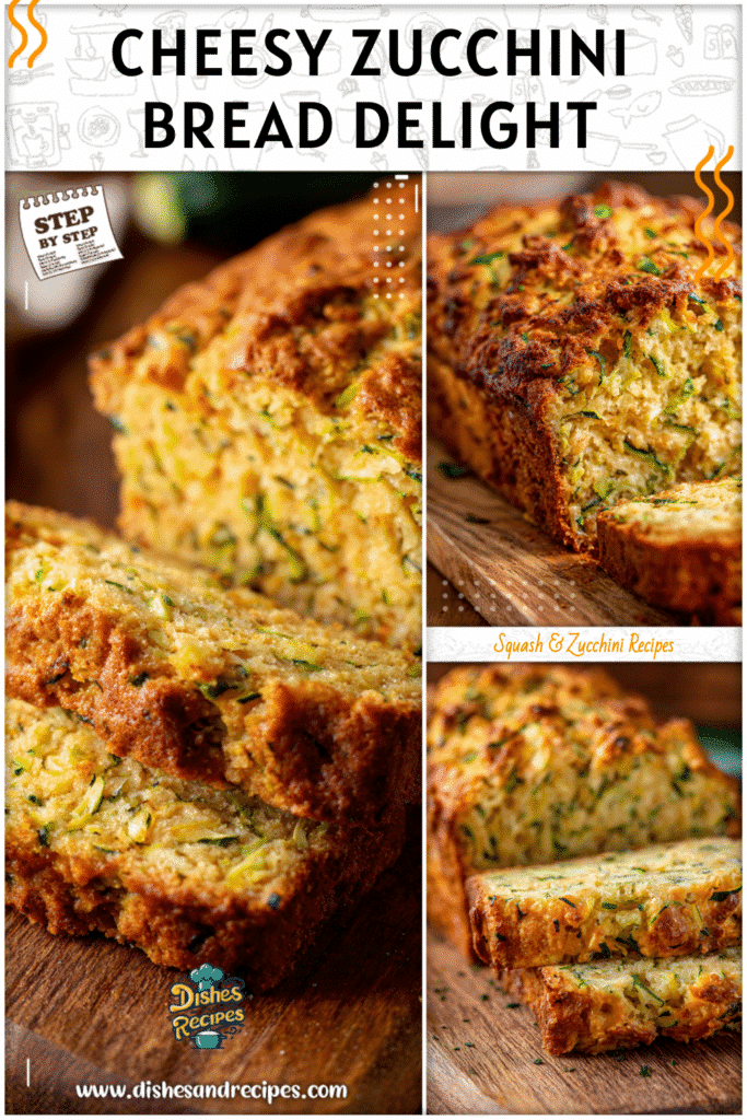 Home 10 Freshly baked zucchini cheddar quick bread loaf with golden crust and soft cheesy zucchini layers