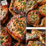 Garlic Butter Pan Seared Pork Chops in 20 Minutes 5 Golden pan roasted pork chops in a skillet with garlic butter and herbs.