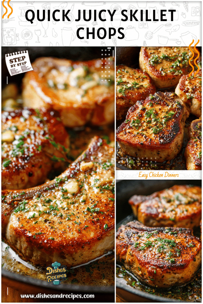 Juicy garlic butter pork chops cooked golden brown in the skillet.