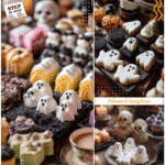 Ghost Theme Party Food & Goth Snacks to Try 5 Ghost Theme Party Food and Goth Snacks displayed together on a Halloween buffet table.