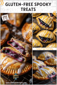 Home 4 Gluten free ghost hand pies filled with blueberry filling glazed with lemon icing on a baking rack
