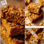 Gluten Free Pumpkin Breakfast Bars with Oats 5 Pumpkin breakfast bars with oats baked golden brown on parchment paper for a gluten free recipe idea.