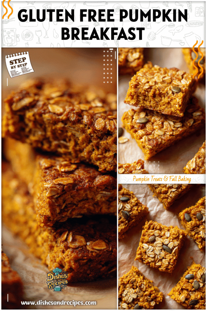 Pumpkin breakfast bars with oats baked golden brown on parchment paper for a gluten free recipe idea.