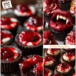 Gory Vampire Bite Desserts for Halloween Party Trays 5 A tray of Halloween Decorated Cupcakes styled as Vampire Desserts Treats with red filling showing inside.