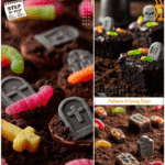 Graveyard & Haunted-Themed Snacks for Halloween Parties 5 Graveyard themed food with cookie tombstones set in chocolate pudding dirt with gummy worms.