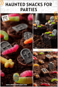 Graveyard themed food with cookie tombstones set in chocolate pudding dirt with gummy worms.