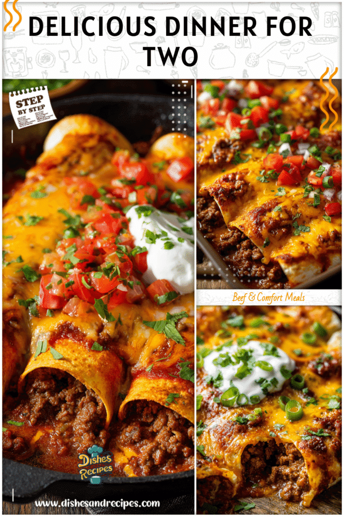 Home 32 Cheesy ground beef enchiladas served in a casserole dish, portioned for Dinner Recipes For Two Beef.