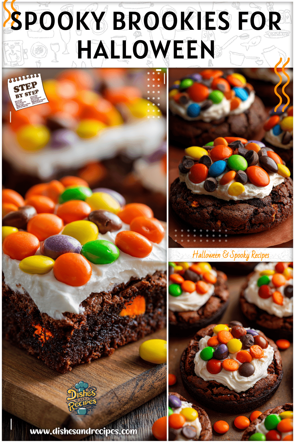 Halloween brownie cookies decorated with frosting and candies for a festive kids Halloween dessert