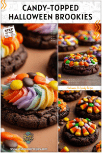 Home 4 Halloween brownie cookies decorated with candy corn and colorful frosting as fall time food ideas