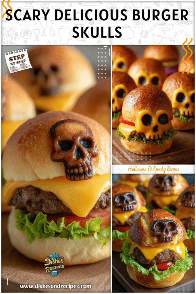 Cheeseburger skulls resting on Halloween buns decorated as spooky season treats.