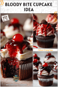 Home 5 Halloween Cupcakes decorated with a bloody bite effect and styled as chilling Vampire Cupcakes.