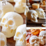 Halloween Mozzarella Skulls for Spooky Charcuterie Boards 5 Mozzarella skulls arranged on a spooky meat and cheese tray for Halloween party food