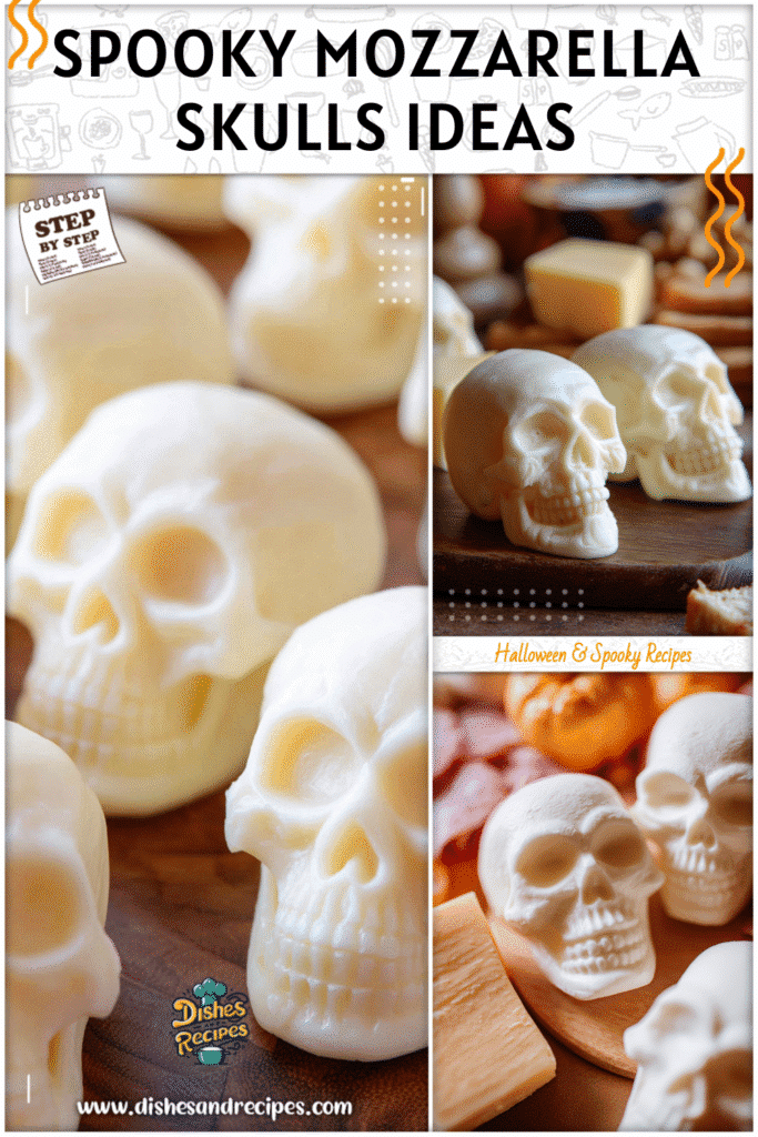 Home 33 Mozzarella skulls arranged on a spooky meat and cheese tray for Halloween party food