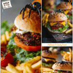 Halloween Spider Burger Dinner with Fries and Decor 5 A spider burger paired with fries and surrounded by spooky Halloween decorations on a cutting board.