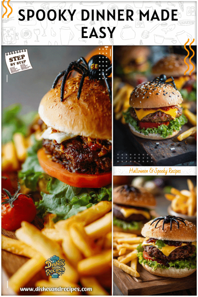 A spider burger paired with fries and surrounded by spooky Halloween decorations on a cutting board.