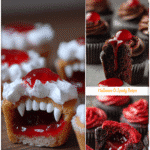 Halloween Vampire Bite Cupcakes with Bloody Sweet Surprise 5 Close-up of Halloween Red Velvet Cupcakes decorated as spooky Vampire Cupcakes with a bloody filling.