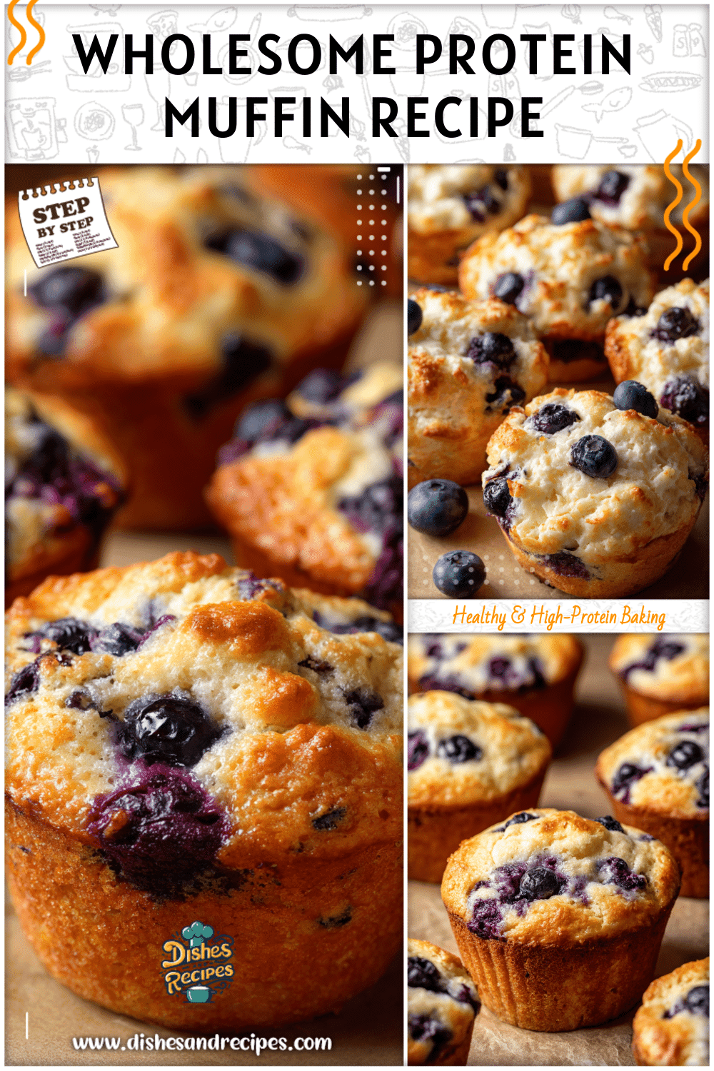 Close-up of blueberry cottage cheese muffins with a fluffy texture and light golden tops on parchment paper.