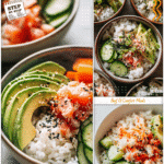 Healthy California Roll Sushi Bowls for Easy Meal Prep 5 Colorful Healthy California Roll sushi bowls with rice, avocado, cucumber, crab, and sesame seeds served for meal prep.
