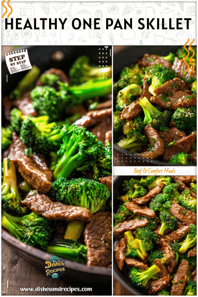 Healthy Chinese beef and broccoli skillet with tender beef slices and vibrant broccoli florets.
