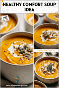 Healthy fall soup with creamy butternut squash served hot in a white ceramic bowl.